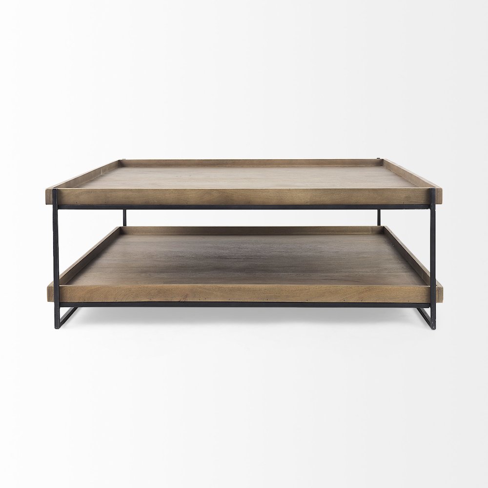 Rectangular Brown Solid Wood Top Table Black Metal Frame Two-Tier Coffee Table. Picture 5