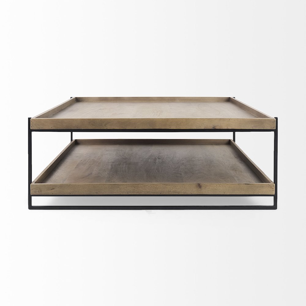 Rectangular Brown Solid Wood Top Table Black Metal Frame Two-Tier Coffee Table. Picture 6