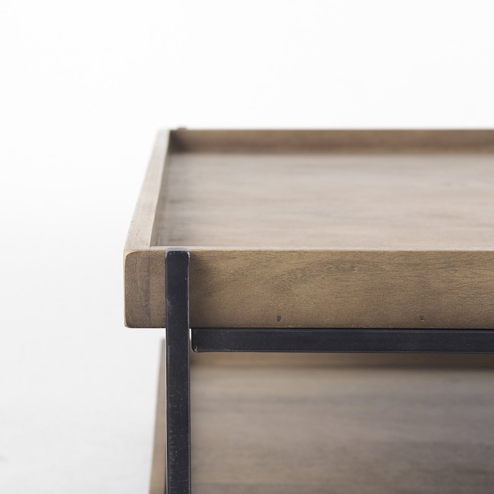 Rectangular Brown Solid Wood Top Table Black Metal Frame Two-Tier Coffee Table. Picture 10