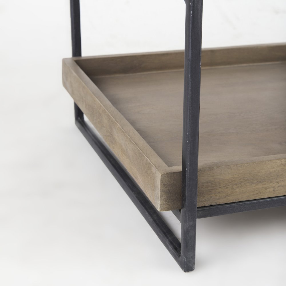Square Medium Brown Wooden Three-Tiered Black Iron Frame End/Side Table. Picture 3