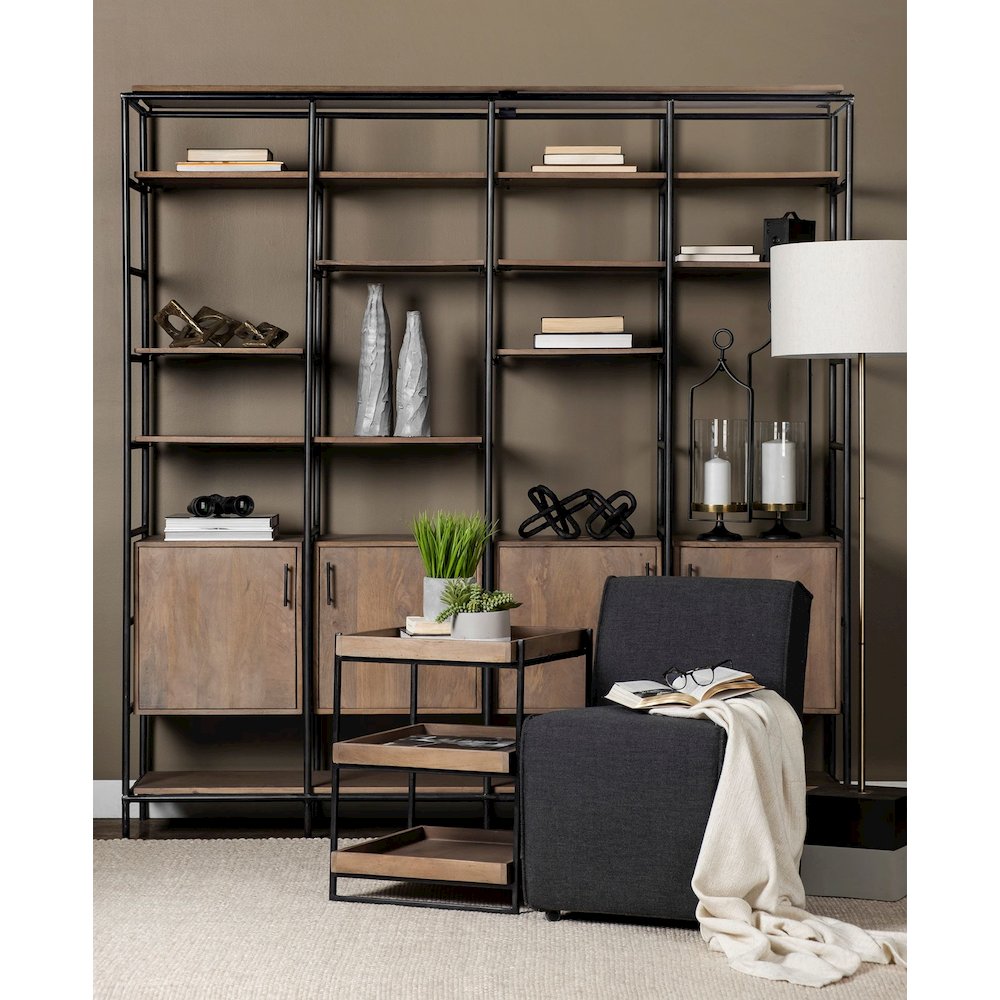 Square Medium Brown Wooden Three-Tiered Black Iron Frame End/Side Table. Picture 4