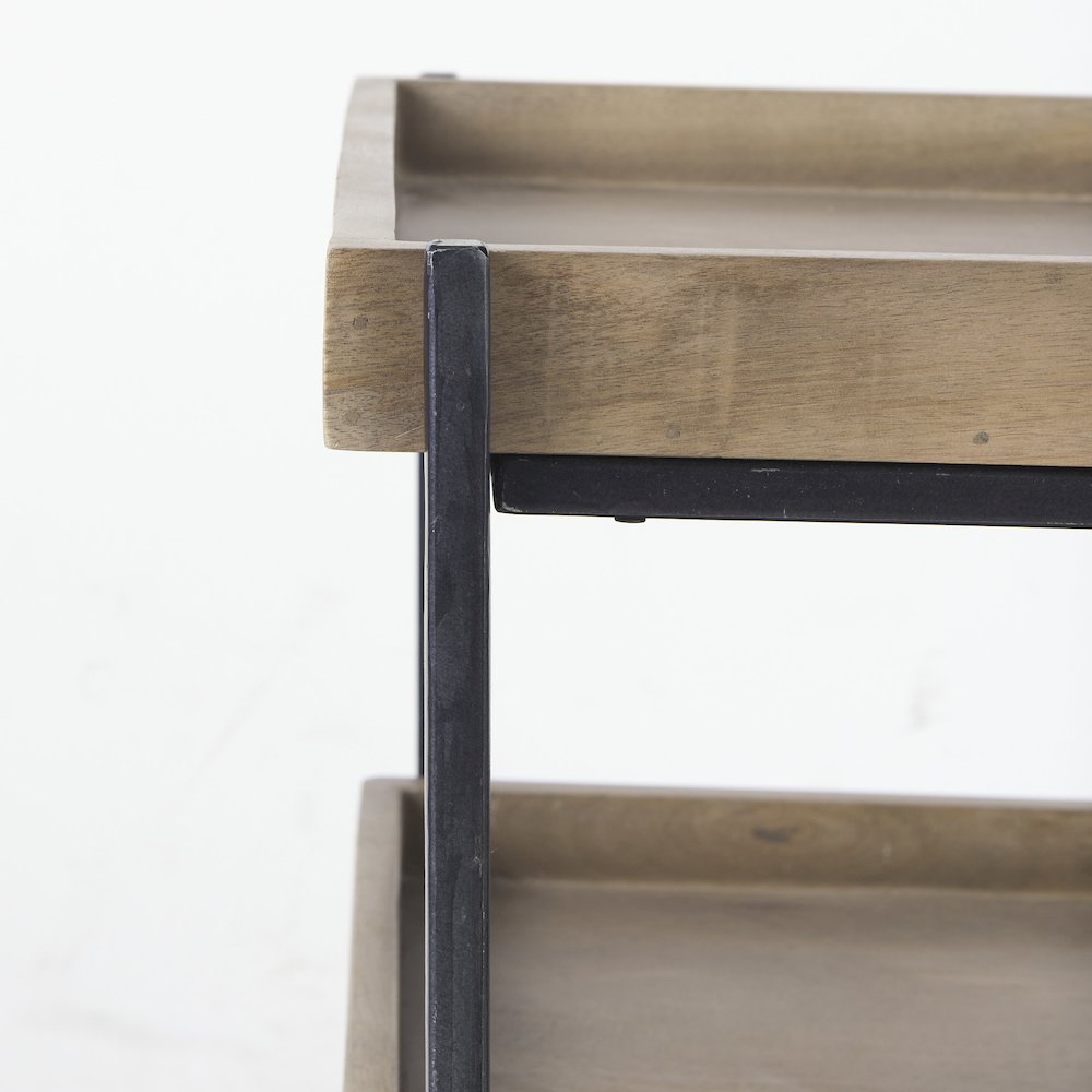 Square Medium Brown Wooden Three-Tiered Black Iron Frame End/Side Table. Picture 11