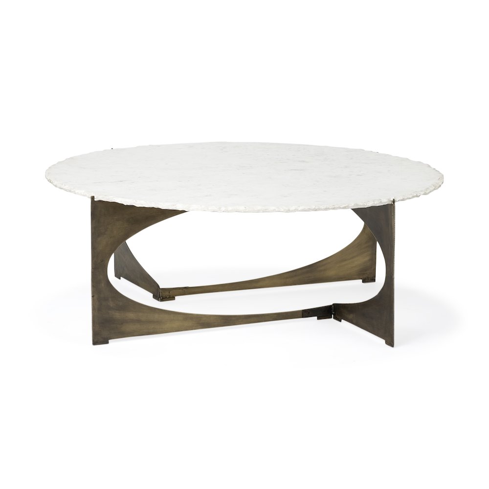 49" Round White Marble Top Gold Metal Base Coffee Table. Picture 1