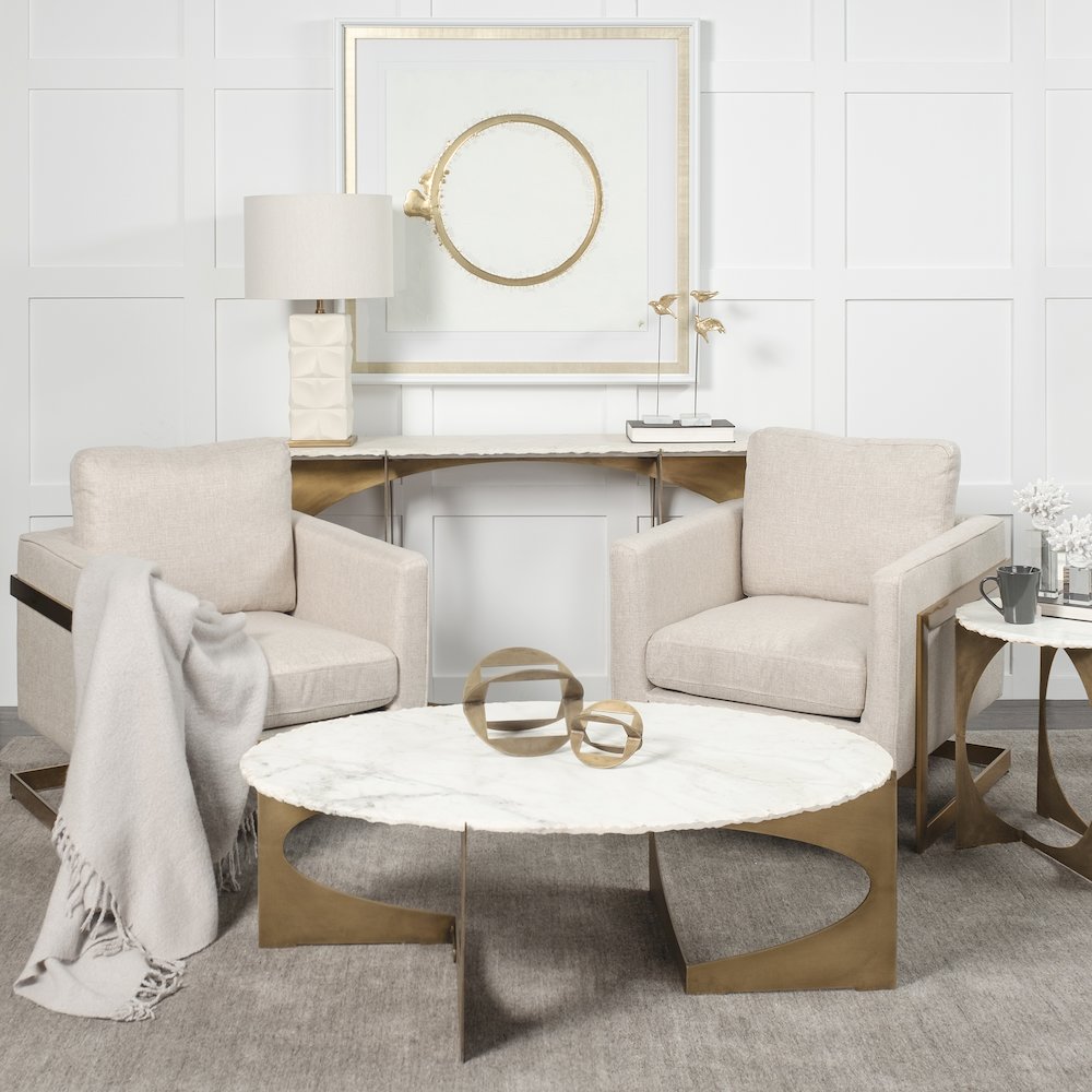 49" Round White Marble Top Gold Metal Base Coffee Table. Picture 8