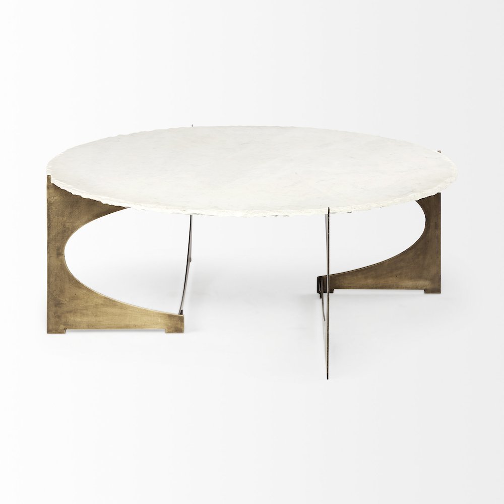49" Round White Marble Top Gold Metal Base Coffee Table. Picture 10