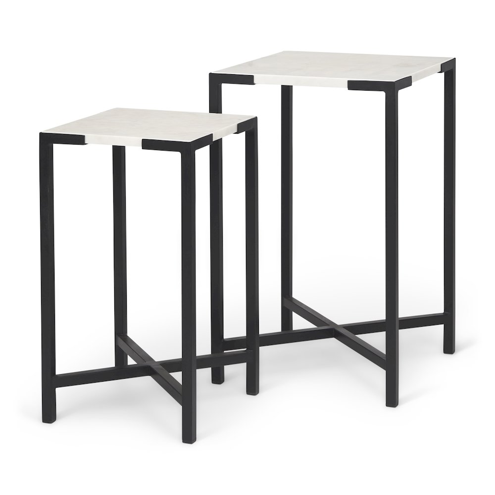 (Set Of 2) 15L X 15W; 12L X 12W White Marbleblack Iron Frame Accent Tables. Picture 1