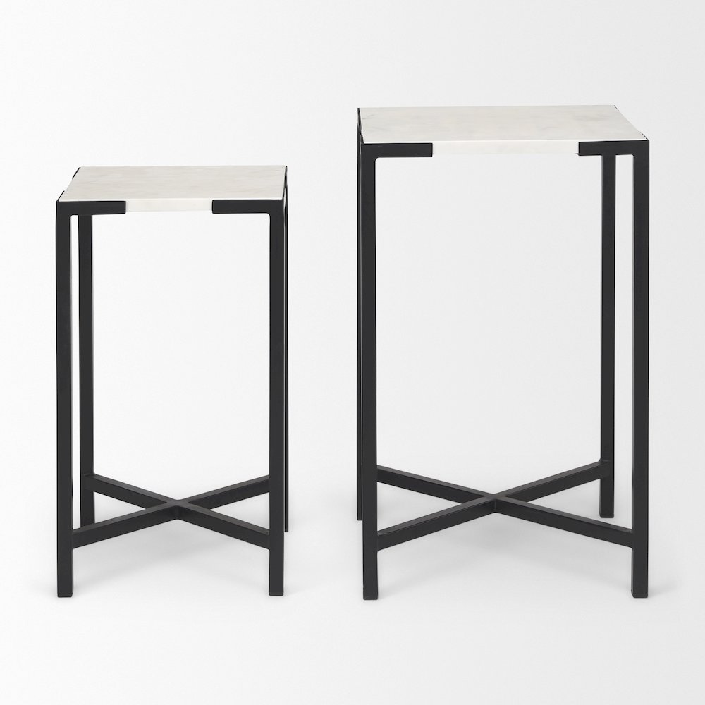 (Set Of 2) 15L X 15W; 12L X 12W White Marbleblack Iron Frame Accent Tables. Picture 10