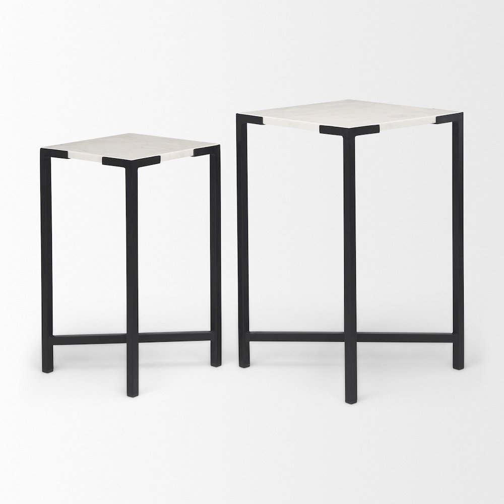 (Set Of 2) 15L X 15W; 12L X 12W White Marbleblack Iron Frame Accent Tables. Picture 11