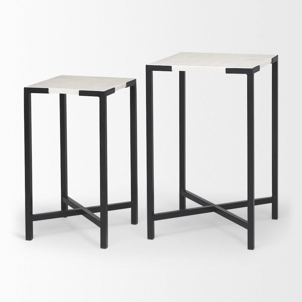 (Set Of 2) 15L X 15W; 12L X 12W White Marbleblack Iron Frame Accent Tables. Picture 12