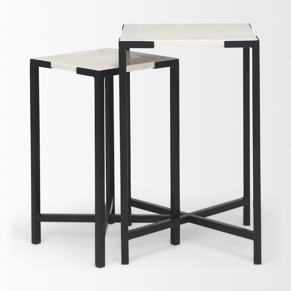 (Set Of 2) 15L X 15W; 12L X 12W White Marbleblack Iron Frame Accent Tables. Picture 13