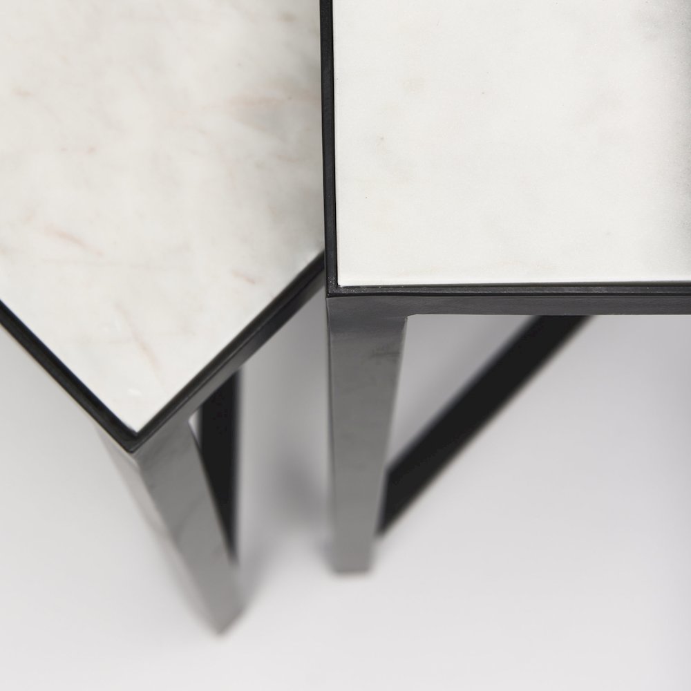 (Set Of 2) 15L X 15W; 12L X 12W White Marbleblack Iron Frame Accent Tables. Picture 14
