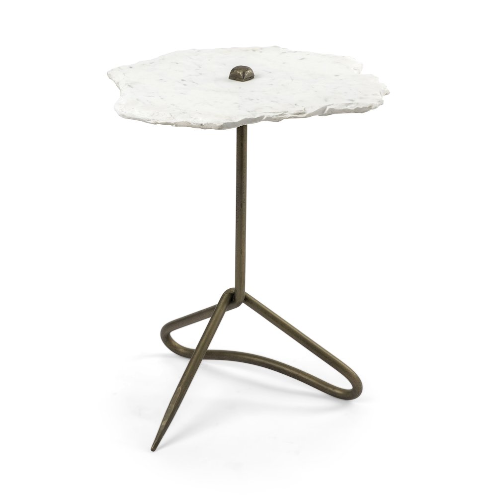 19L X 19W White Marble Triangluar Gold Iron Base Accent Table. Picture 1