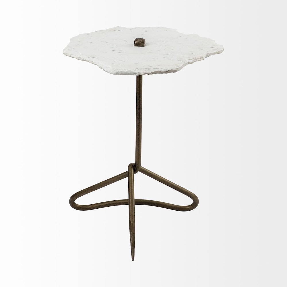 19L X 19W White Marble Triangluar Gold Iron Base Accent Table. Picture 2