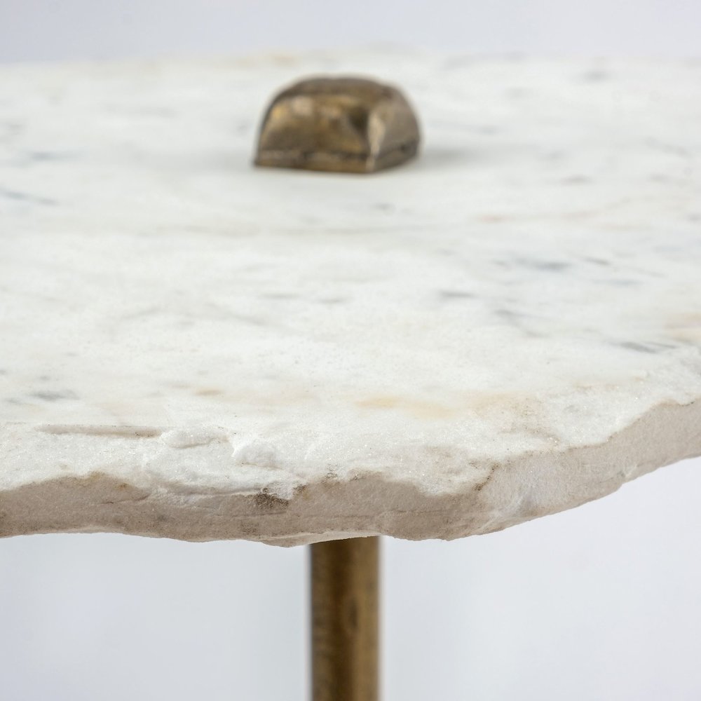 19L X 19W White Marble Triangluar Gold Iron Base Accent Table. Picture 3