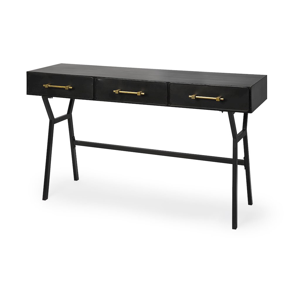 Vince 51L x 18W Black MetalGold Accents 3 Drawer Office Desk. Picture 1
