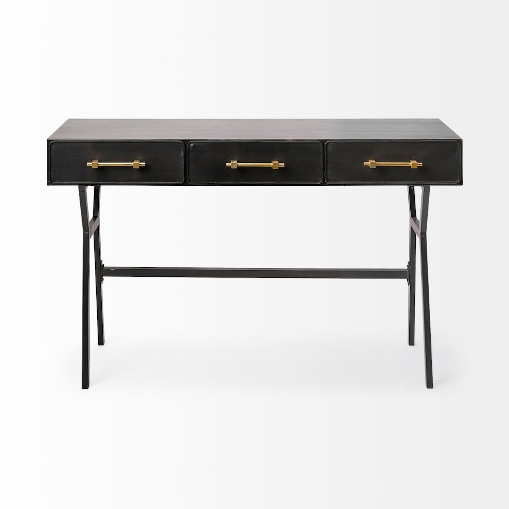 Vince 51L x 18W Black MetalGold Accents 3 Drawer Office Desk. Picture 6