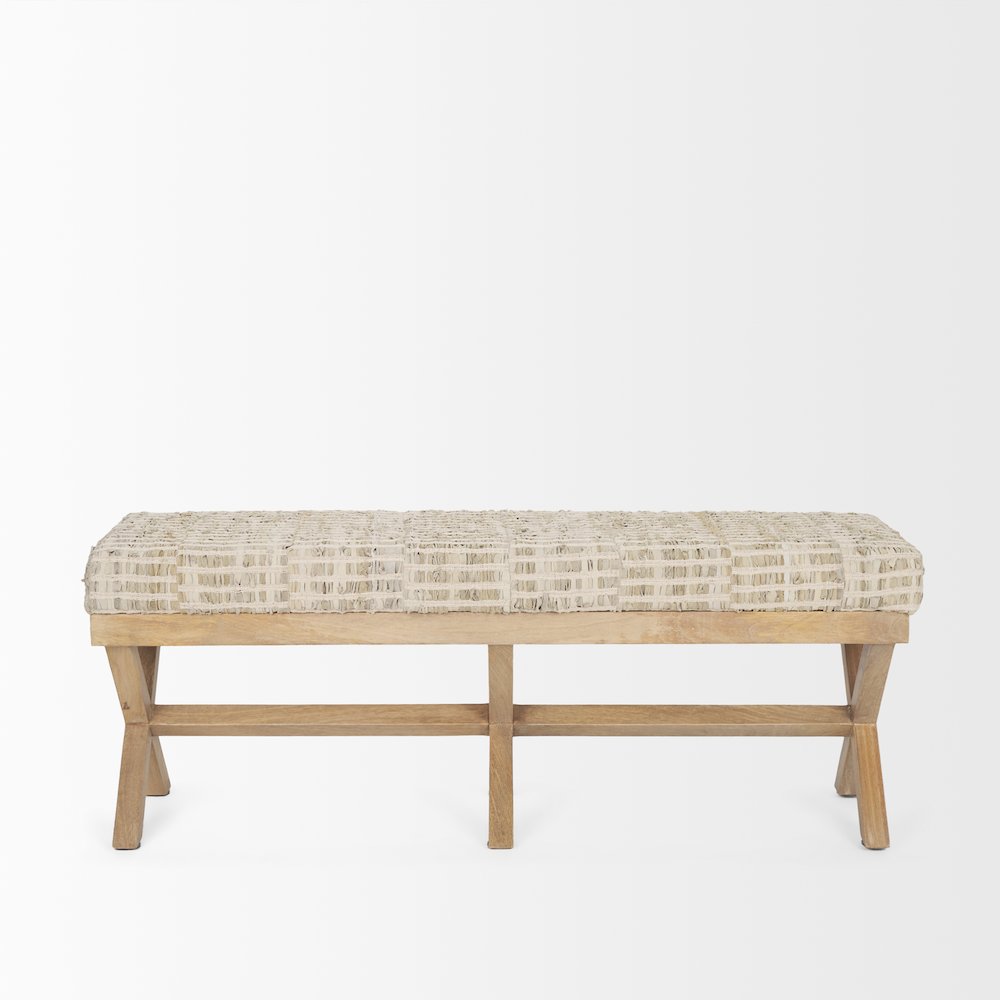 50L X 16W Brown Base Beige Woven Leather Cushion Accent Bench. Picture 4