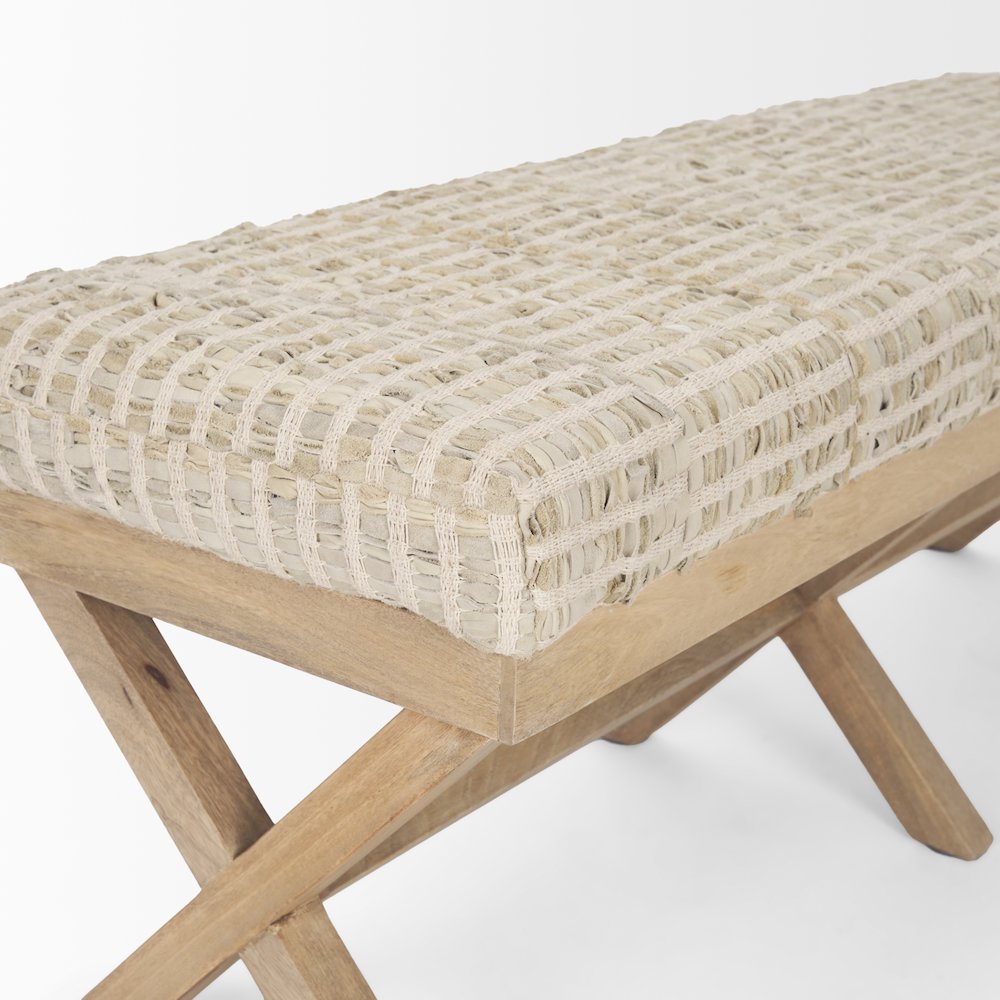 50L X 16W Brown Base Beige Woven Leather Cushion Accent Bench. Picture 7