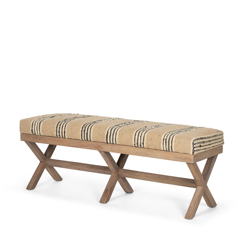 50L X 16W Brown Base Upholstered Beige/Black Stripe Seat Accent Bench. Picture 1