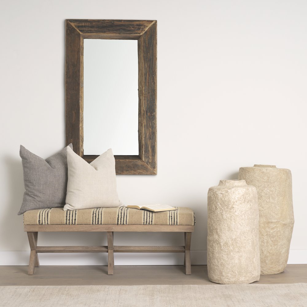 50L X 16W Brown Base Upholstered Beige/Black Stripe Seat Accent Bench. Picture 2