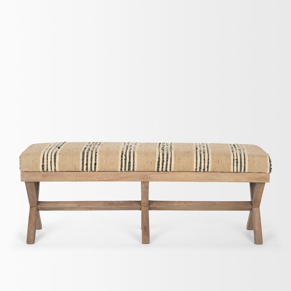 50L X 16W Brown Base Upholstered Beige/Black Stripe Seat Accent Bench. Picture 4