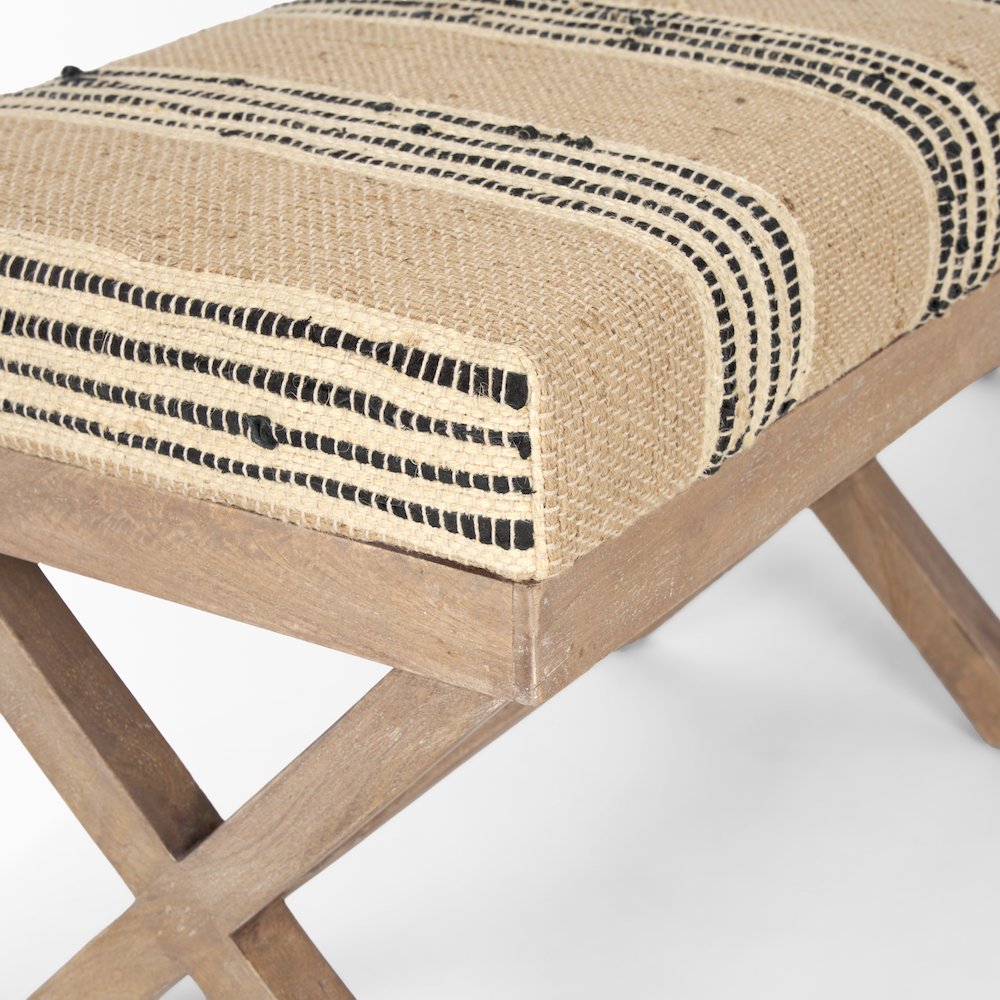 50L X 16W Brown Base Upholstered Beige/Black Stripe Seat Accent Bench. Picture 7