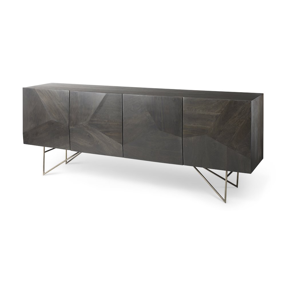 Darwin 80x17.5 Brown Solid Wood Gold Metal Base 4 Cabinet Door Sideboard. Picture 1