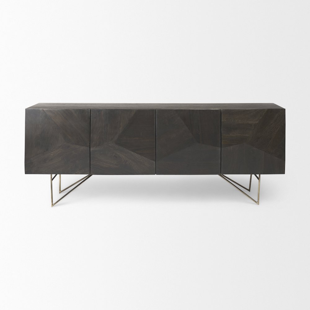 Darwin 80x17.5 Brown Solid Wood Gold Metal Base 4 Cabinet Door Sideboard. Picture 8