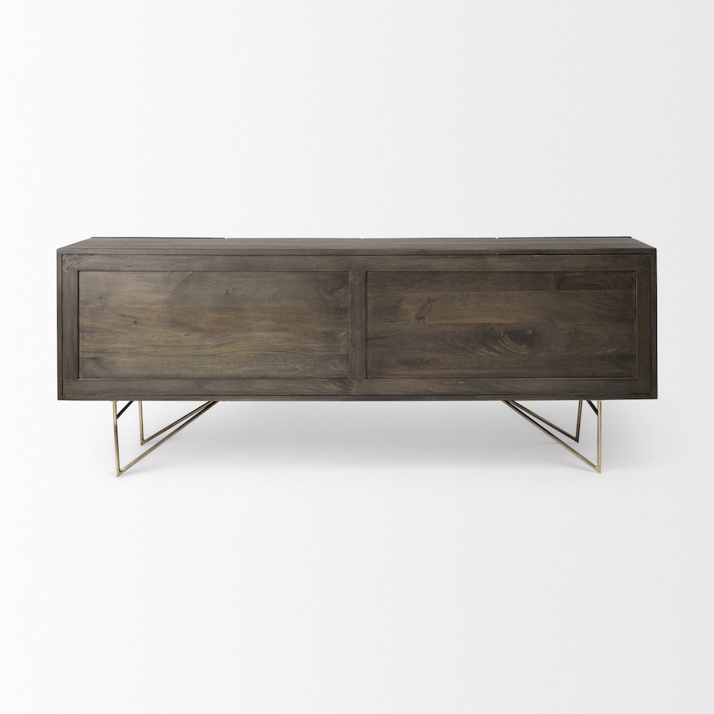 Darwin 80x17.5 Brown Solid Wood Gold Metal Base 4 Cabinet Door Sideboard. Picture 10