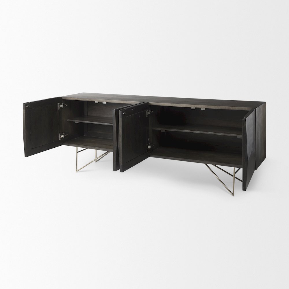 Darwin 80x17.5 Brown Solid Wood Gold Metal Base 4 Cabinet Door Sideboard. Picture 11