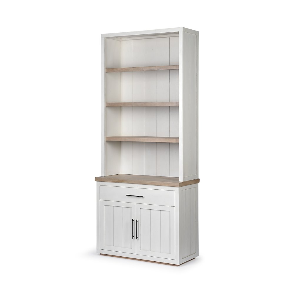 White And Medium Brown Wood Three Shelf Shelving Unit. Picture 1