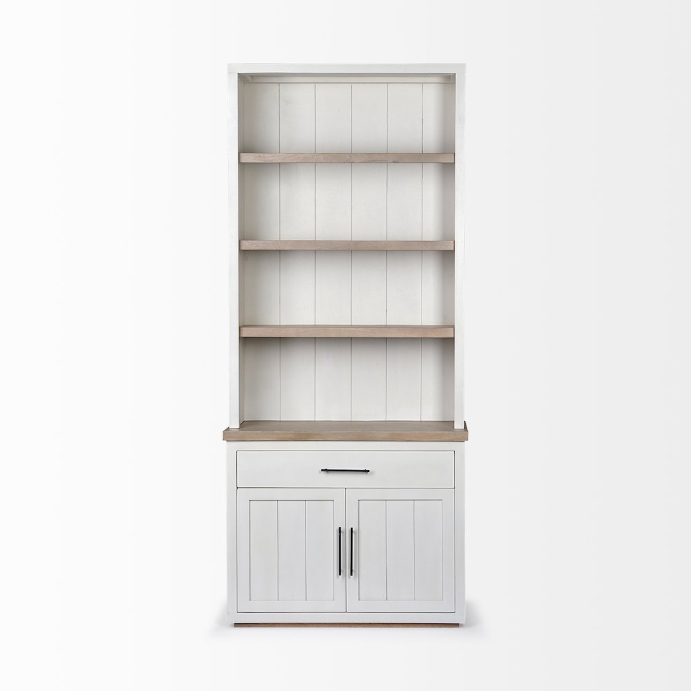 White And Medium Brown Wood Three Shelf Shelving Unit. Picture 5