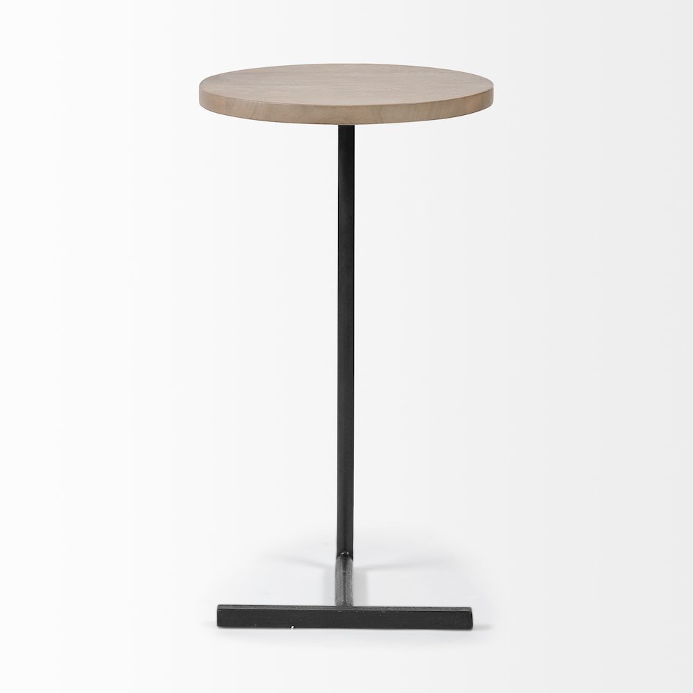 Brown Wood Round Top Black Metal Base Accent Table. Picture 3