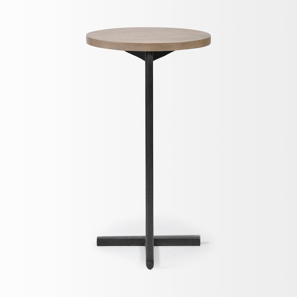 Brown Wood Round Top Black Metal Base Accent Table. Picture 5