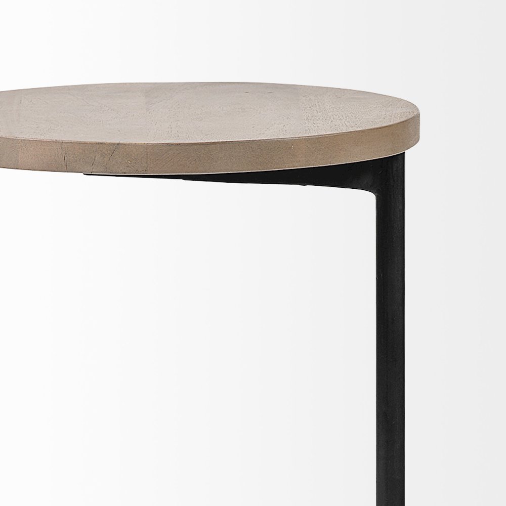 Brown Wood Round Top Black Metal Base Accent Table. Picture 7