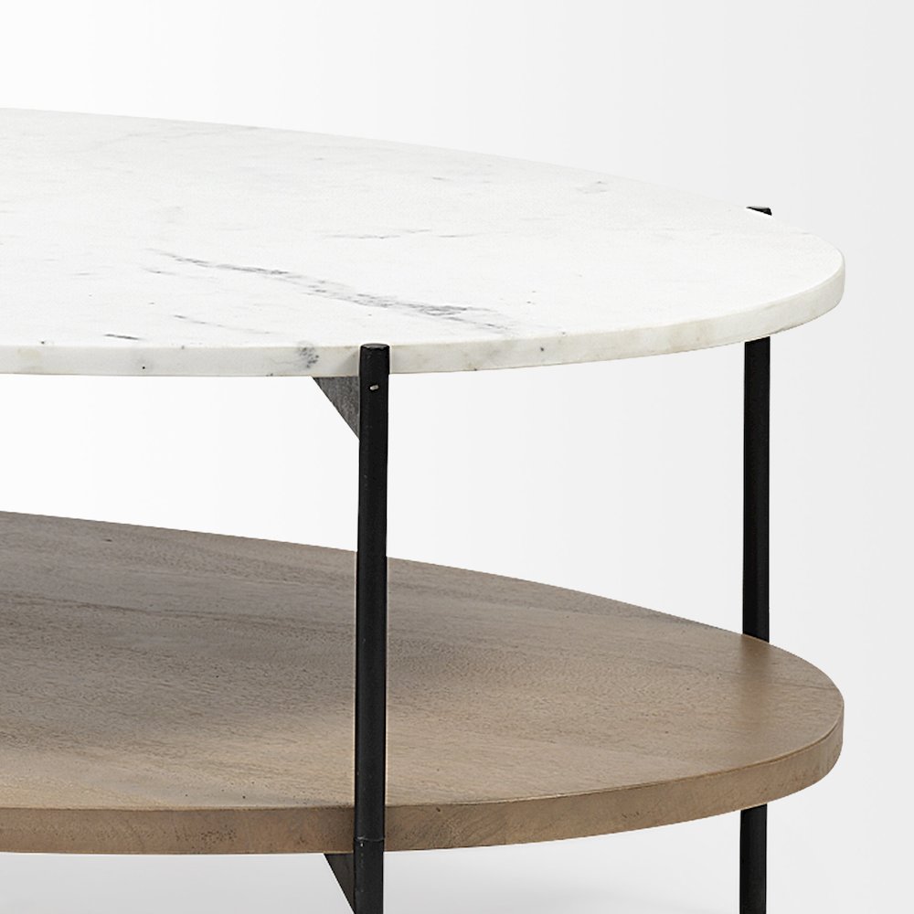 48" Oval White Marble Top And Solid Wood Shelf Black Metal Frame Coffee Table. Picture 2