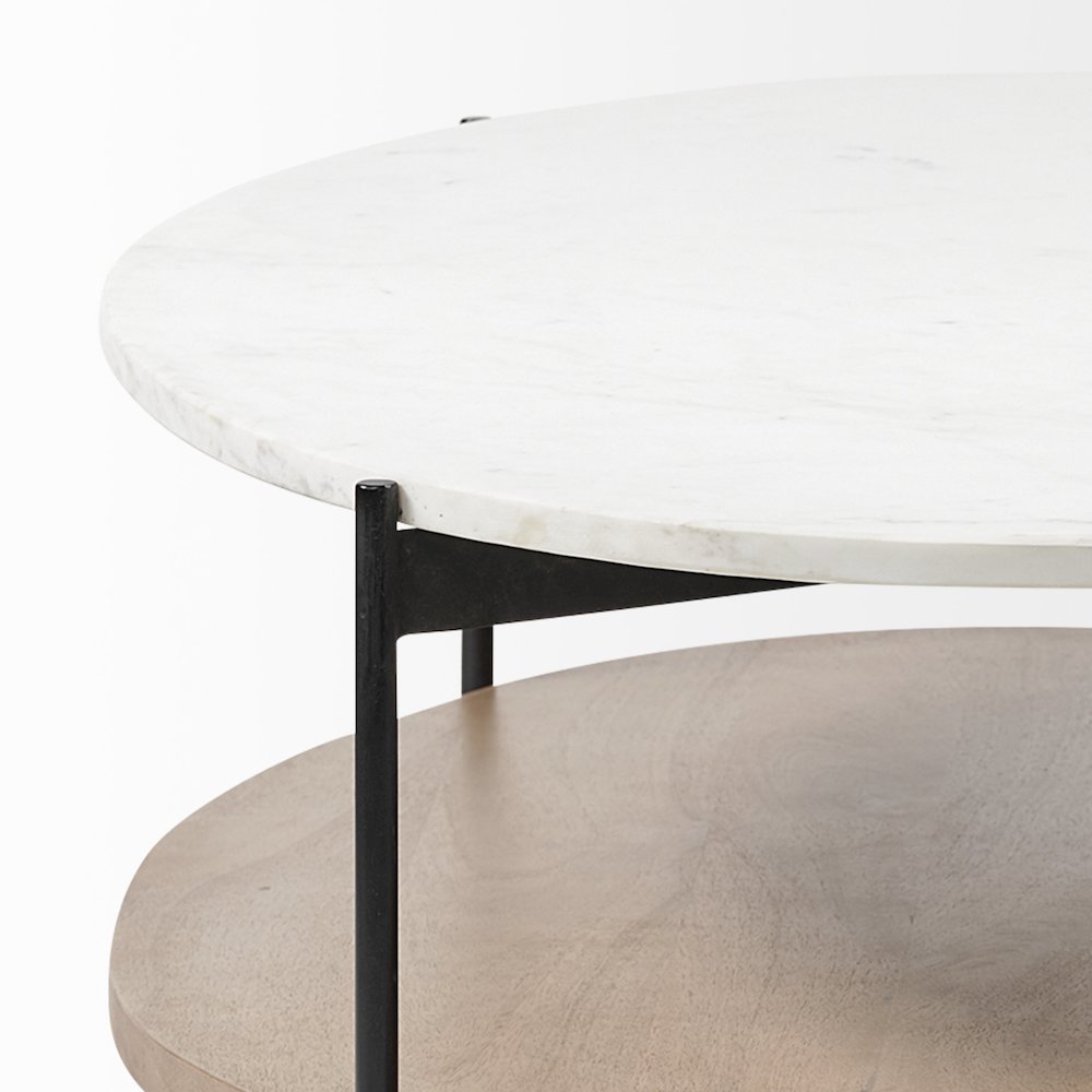 48" Oval White Marble Top And Solid Wood Shelf Black Metal Frame Coffee Table. Picture 3