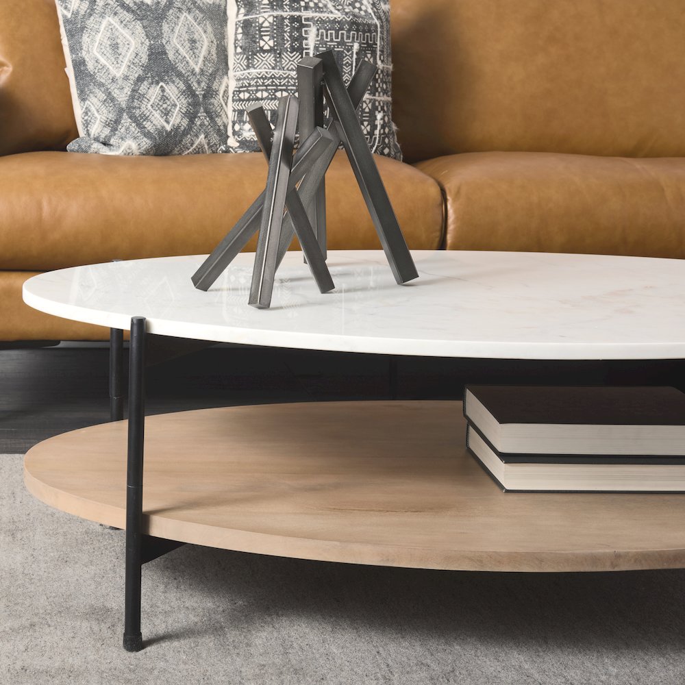 48" Oval White Marble Top And Solid Wood Shelf Black Metal Frame Coffee Table. Picture 6