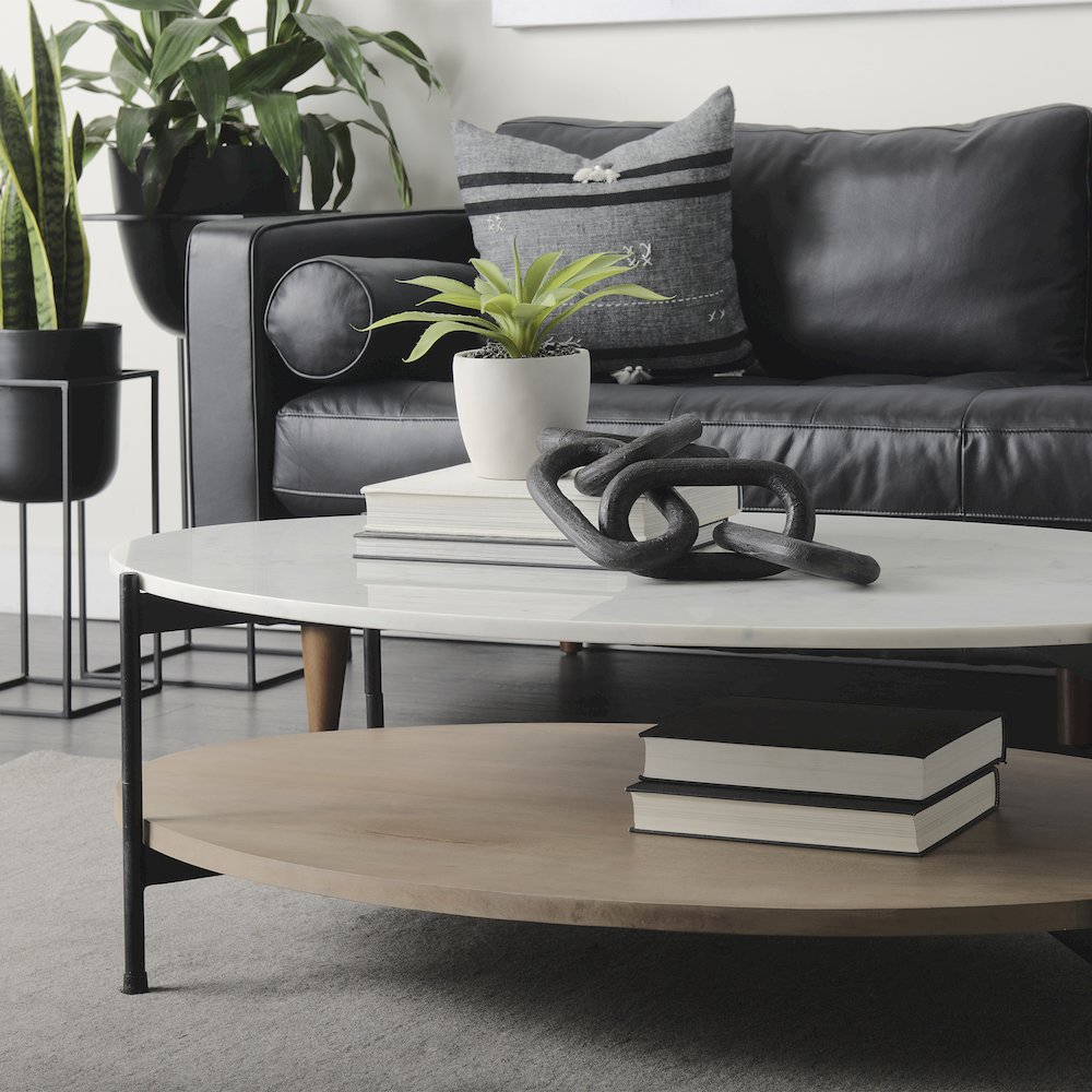 48" Oval White Marble Top And Solid Wood Shelf Black Metal Frame Coffee Table. Picture 7