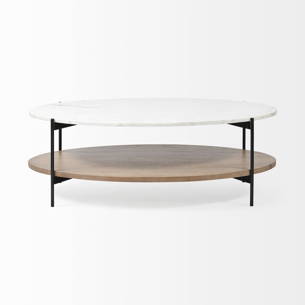 48" Oval White Marble Top And Solid Wood Shelf Black Metal Frame Coffee Table. Picture 10