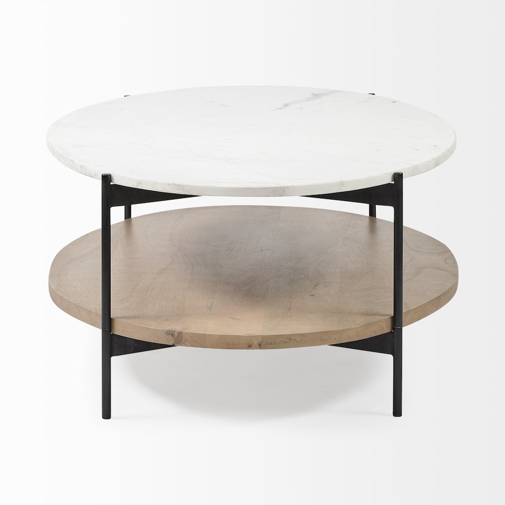 48" Oval White Marble Top And Solid Wood Shelf Black Metal Frame Coffee Table. Picture 11