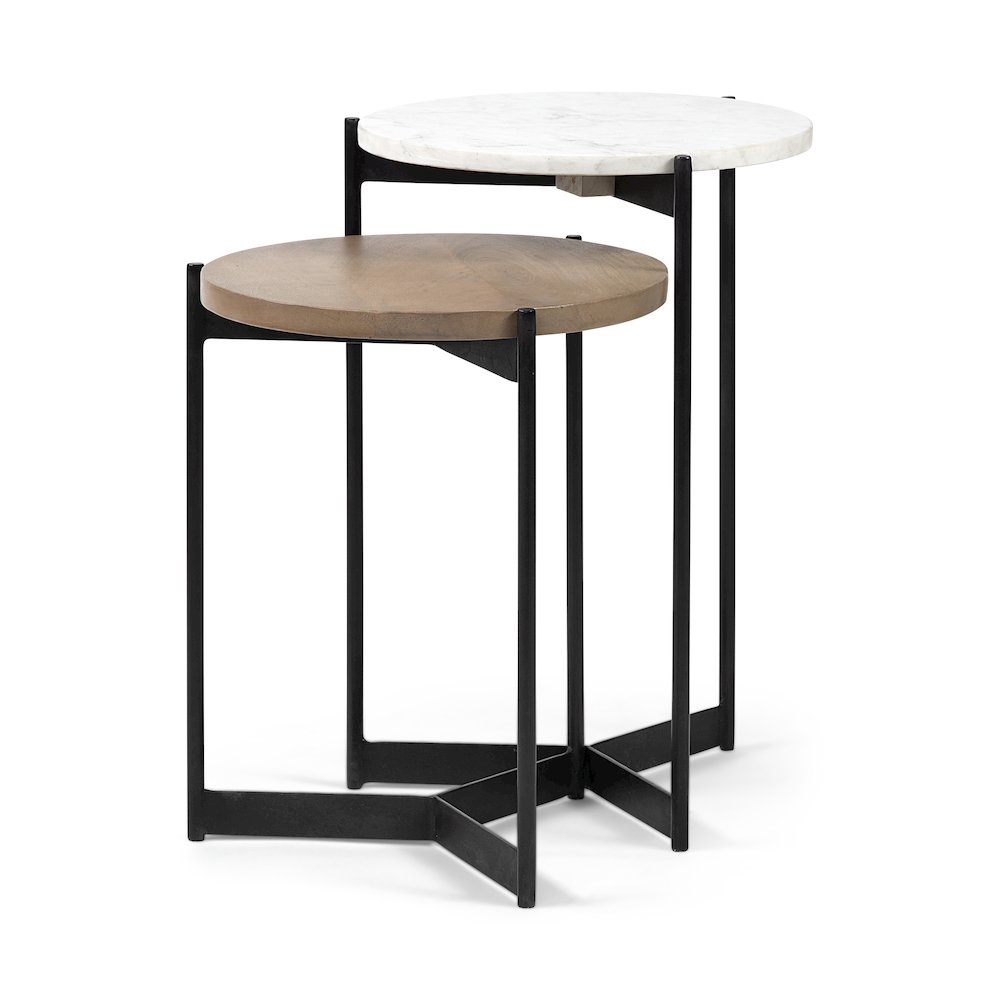 Larkin Marble and Medium Brown Wood Round Tabletop Nesting End/Side Tables. Picture 1