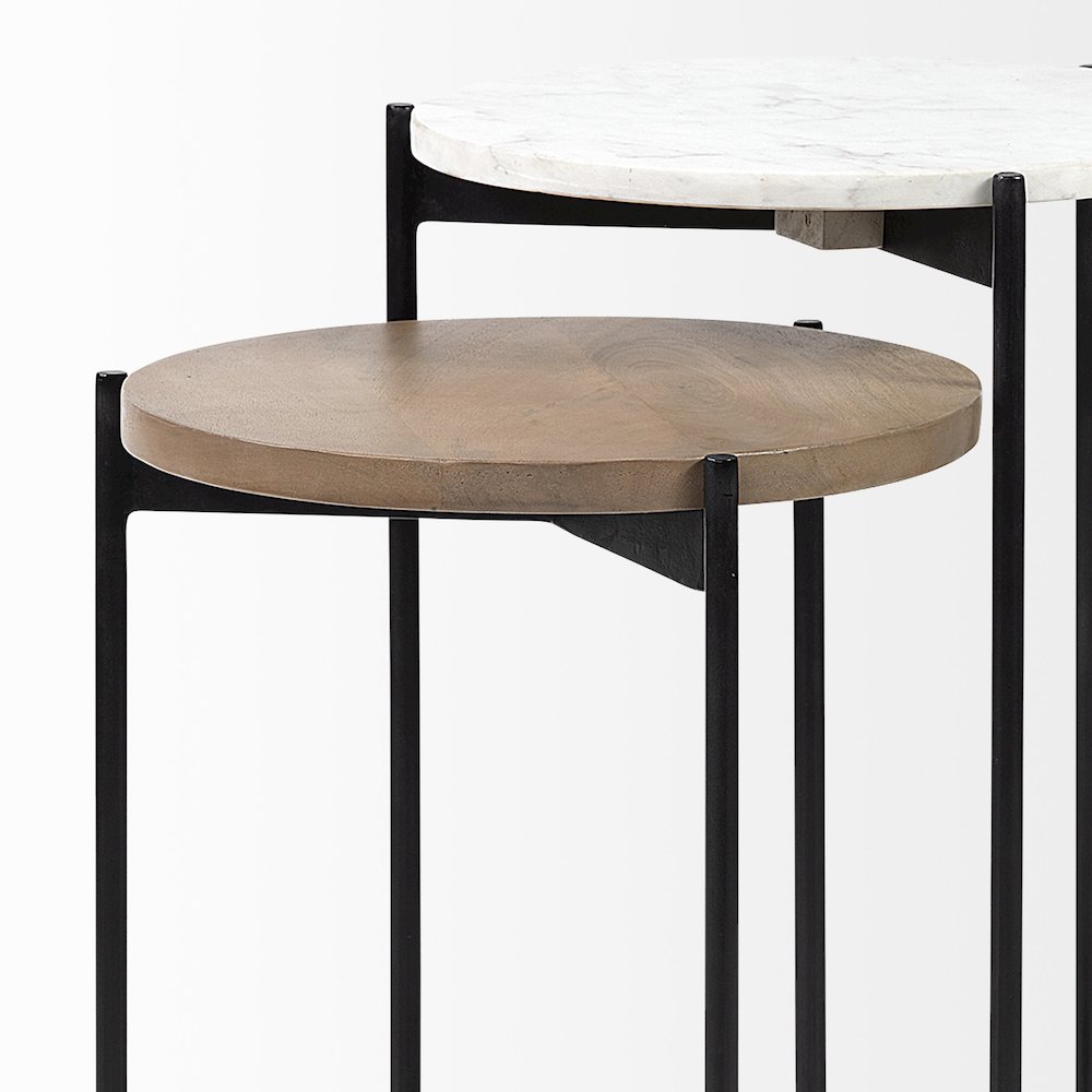Larkin Marble and Medium Brown Wood Round Tabletop Nesting End/Side Tables. Picture 2
