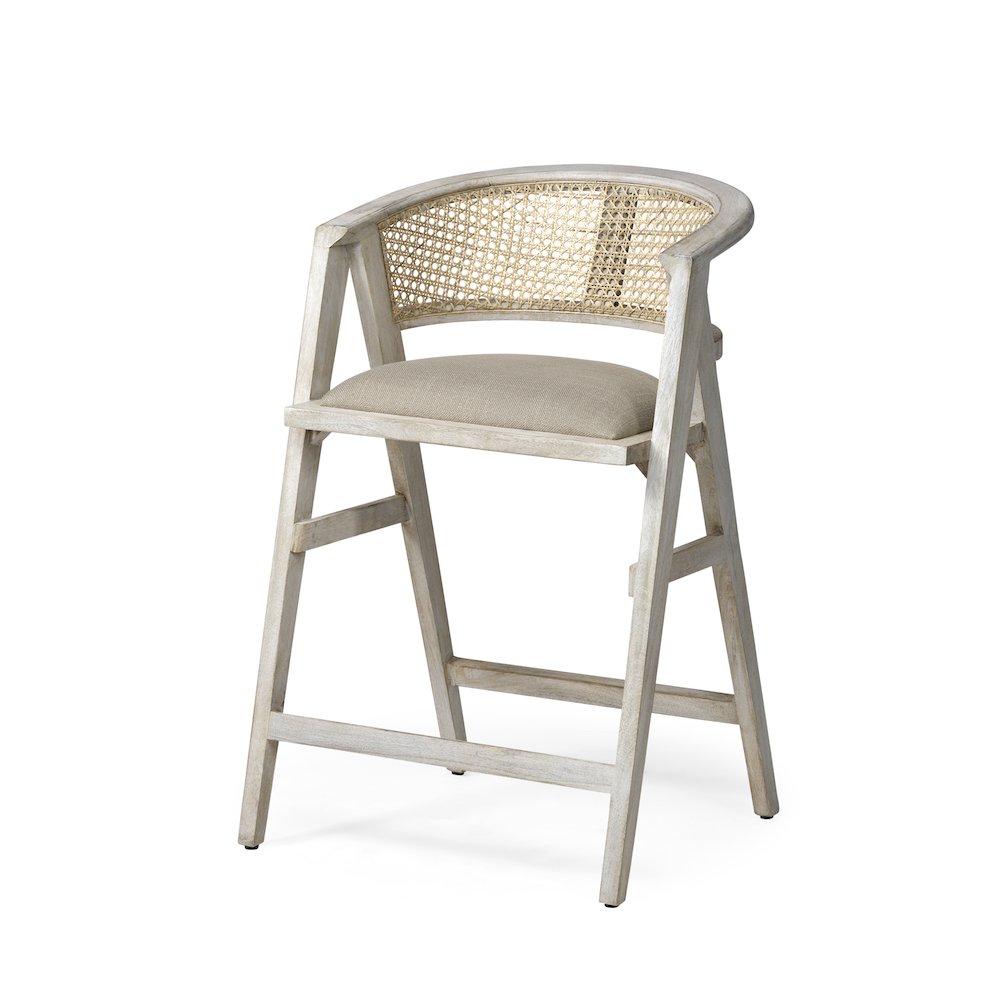 26.75" Seat Height Beige Fabric/Rattan Seat Blonde Wood Frame Counter Stool. Picture 1