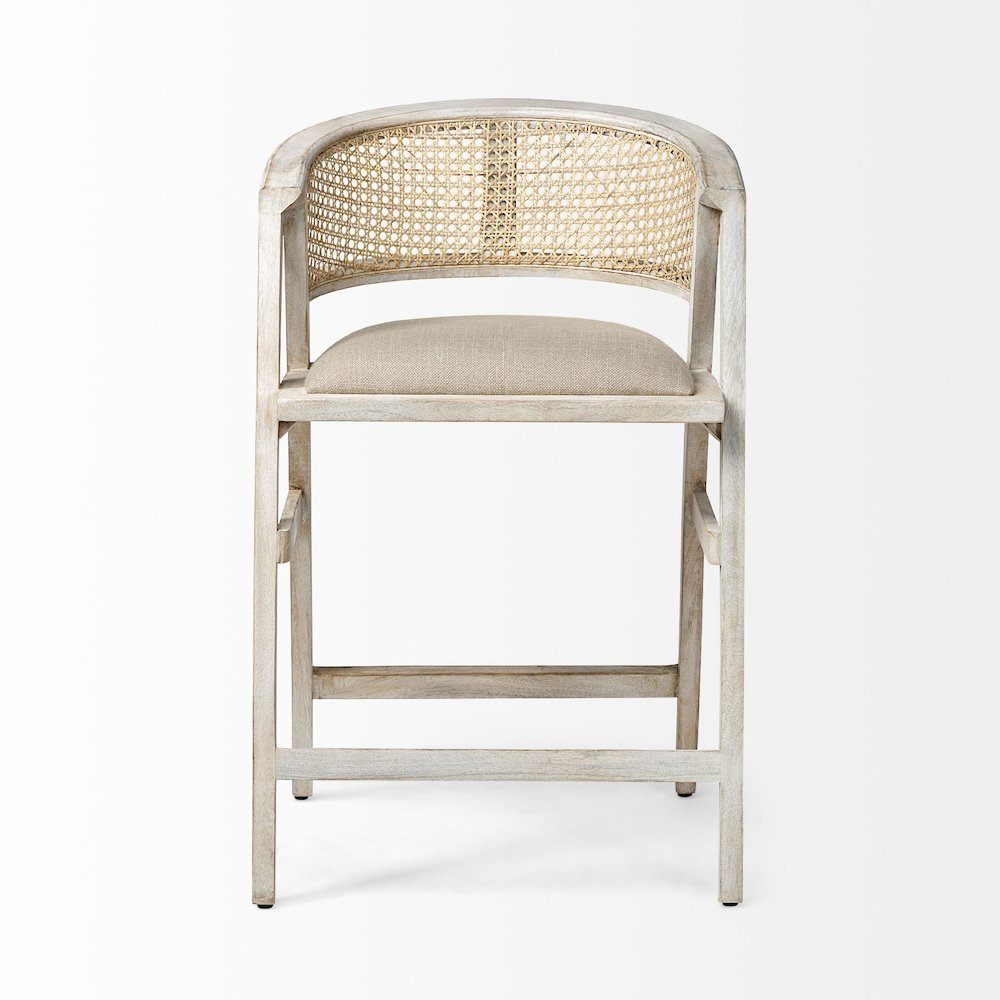 26.75" Seat Height Beige Fabric/Rattan Seat Blonde Wood Frame Counter Stool. Picture 2