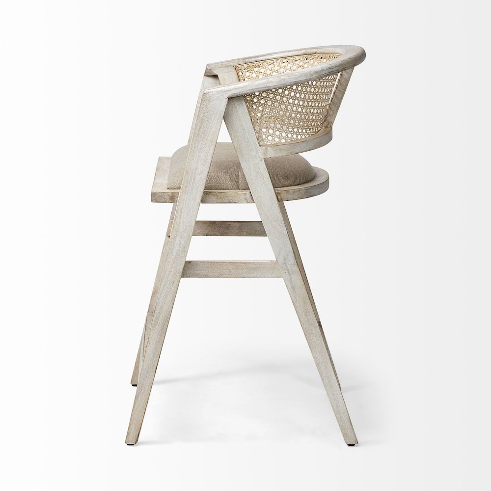 26.75" Seat Height Beige Fabric/Rattan Seat Blonde Wood Frame Counter Stool. Picture 3