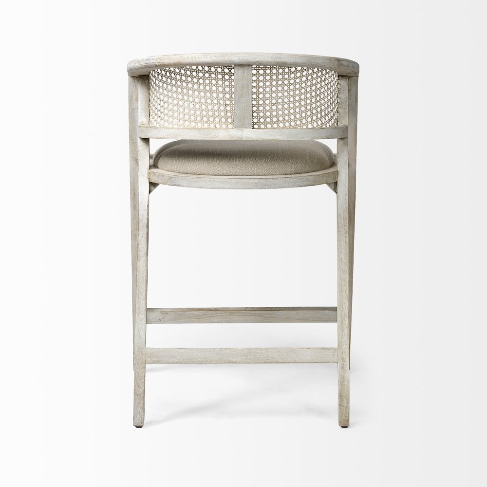 26.75" Seat Height Beige Fabric/Rattan Seat Blonde Wood Frame Counter Stool. Picture 4