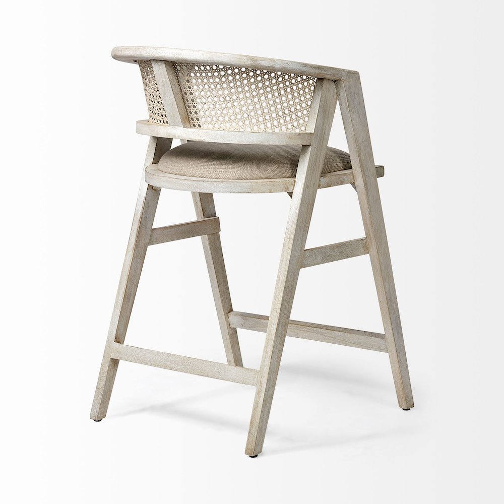 26.75" Seat Height Beige Fabric/Rattan Seat Blonde Wood Frame Counter Stool. Picture 5