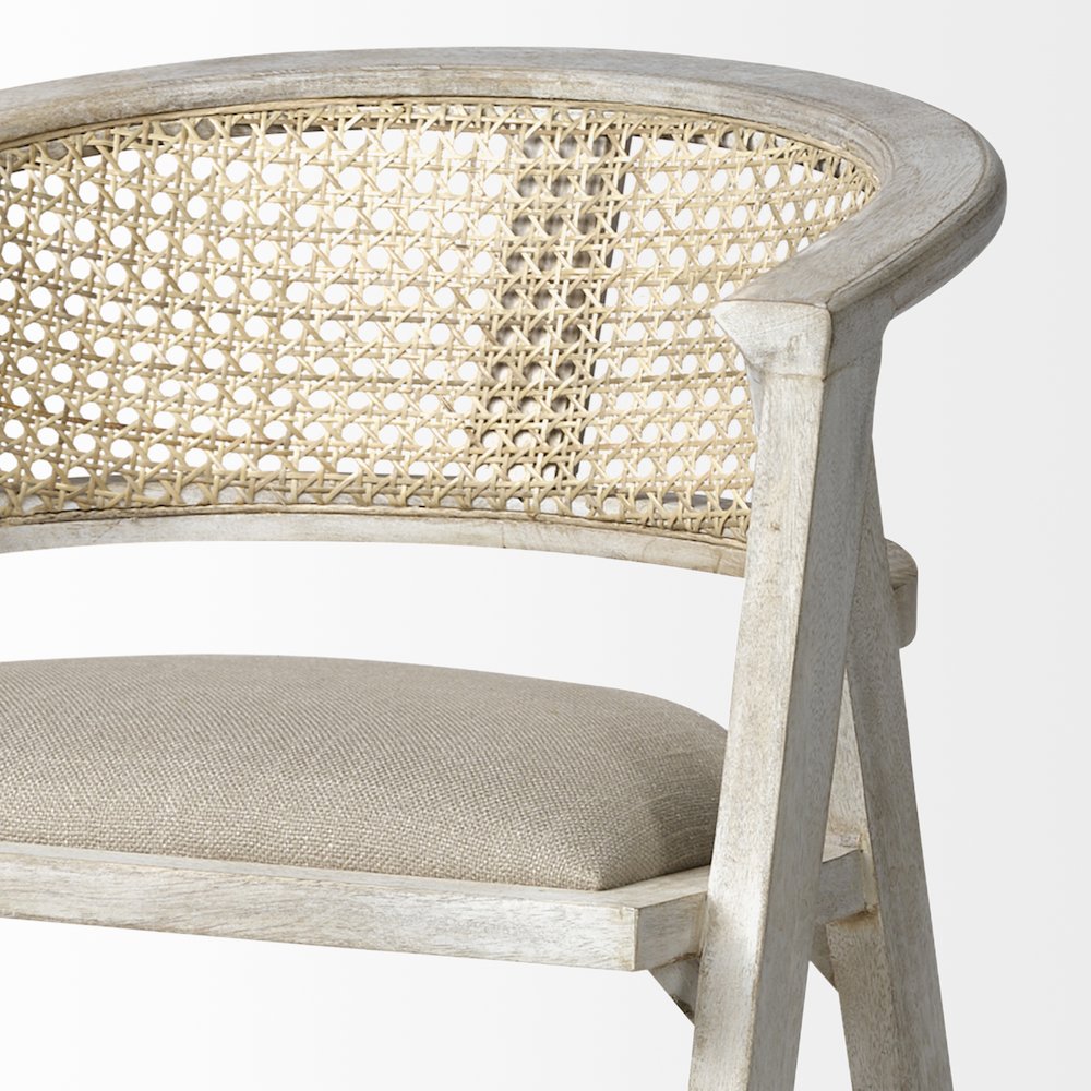 26.75" Seat Height Beige Fabric/Rattan Seat Blonde Wood Frame Counter Stool. Picture 6