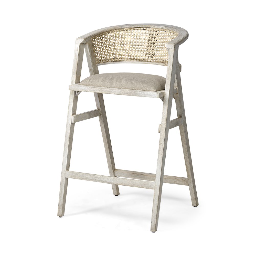 30.75" Seat Height Beige Fabric/Rattan Seat Blonde Wood Frame Bar Stool. Picture 1